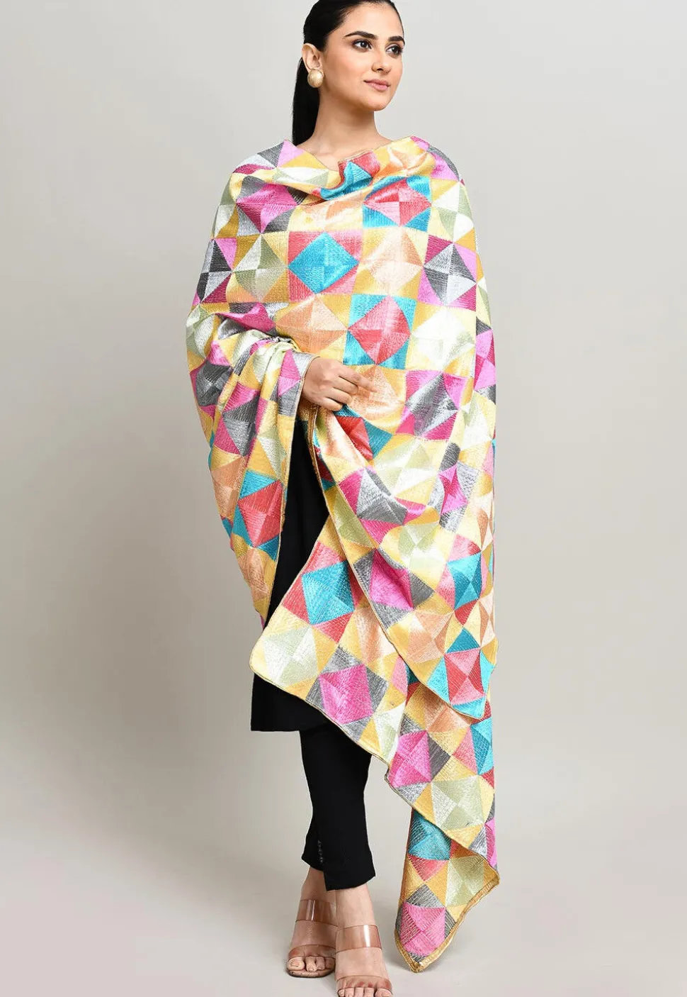 Phulkari Embroidered Cotton Dupatta in Multicolor