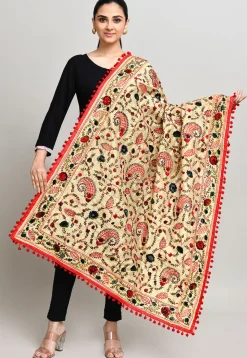Phulkari Embroidered Cotton Dupatta in Beige