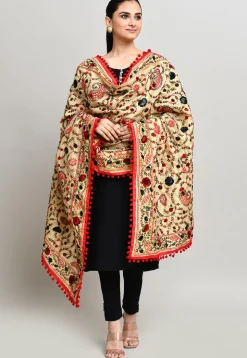 Phulkari Embroidered Cotton Dupatta in Beige