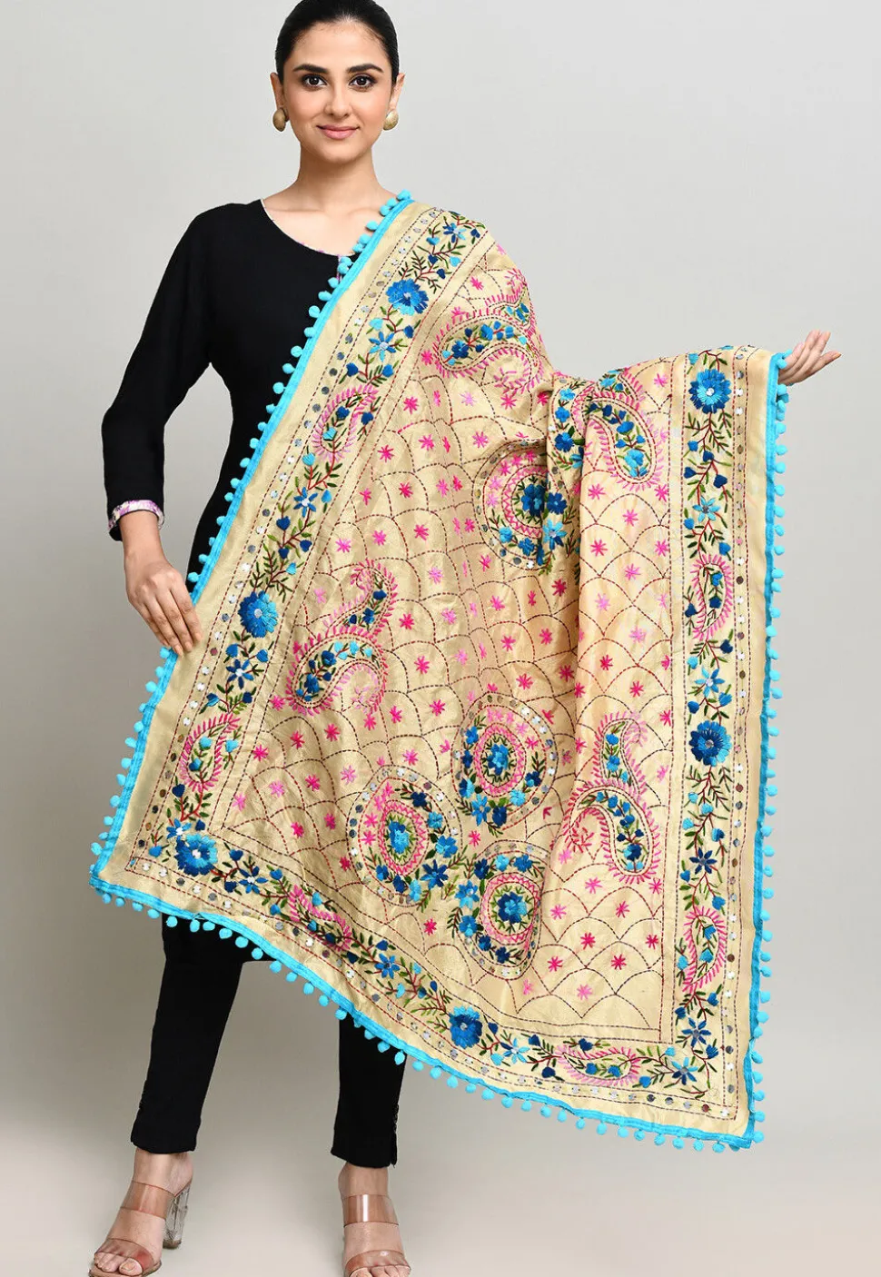 Phulkari Embroidered Cotton Dupatta in Beige