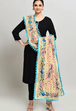 Phulkari Embroidered Cotton Dupatta in Beige