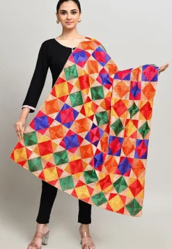 Phulkari Embroidered Cotton Dupatta in Multicolor