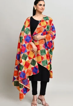 Phulkari Embroidered Cotton Dupatta in Multicolor