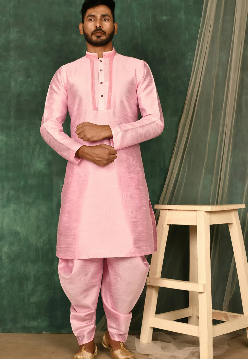 Pintucked Art Silk Dhoti Kurta in Pink