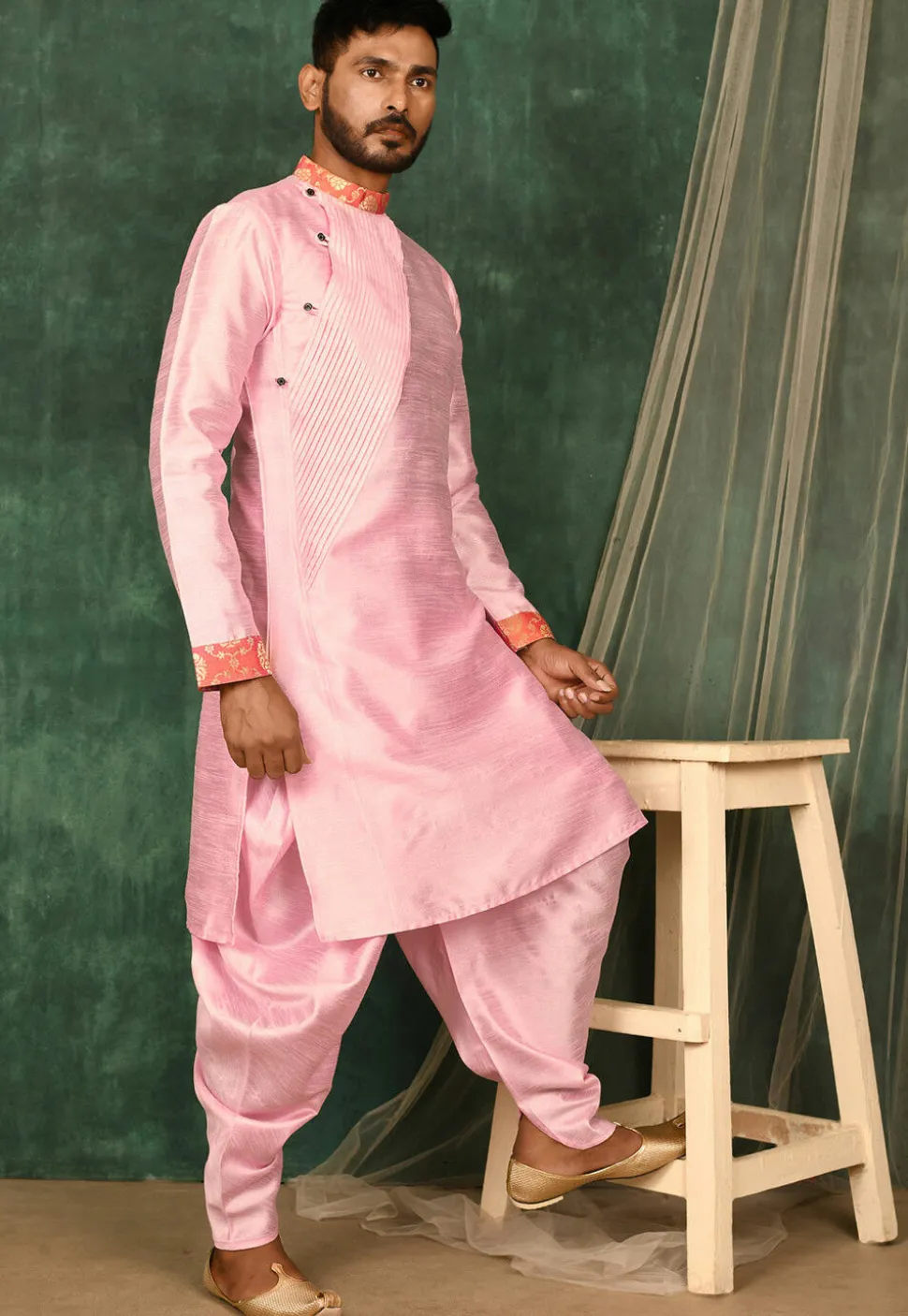 Pintucked Art Silk Dhoti Kurta in Pink