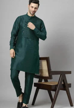 Pintucked Art Silk Kurta Set in Dark Teal Green