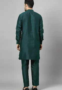 Pintucked Art Silk Kurta Set in Dark Teal Green
