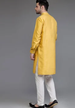 Pintucked Art Silk Kurta Set in Mustard