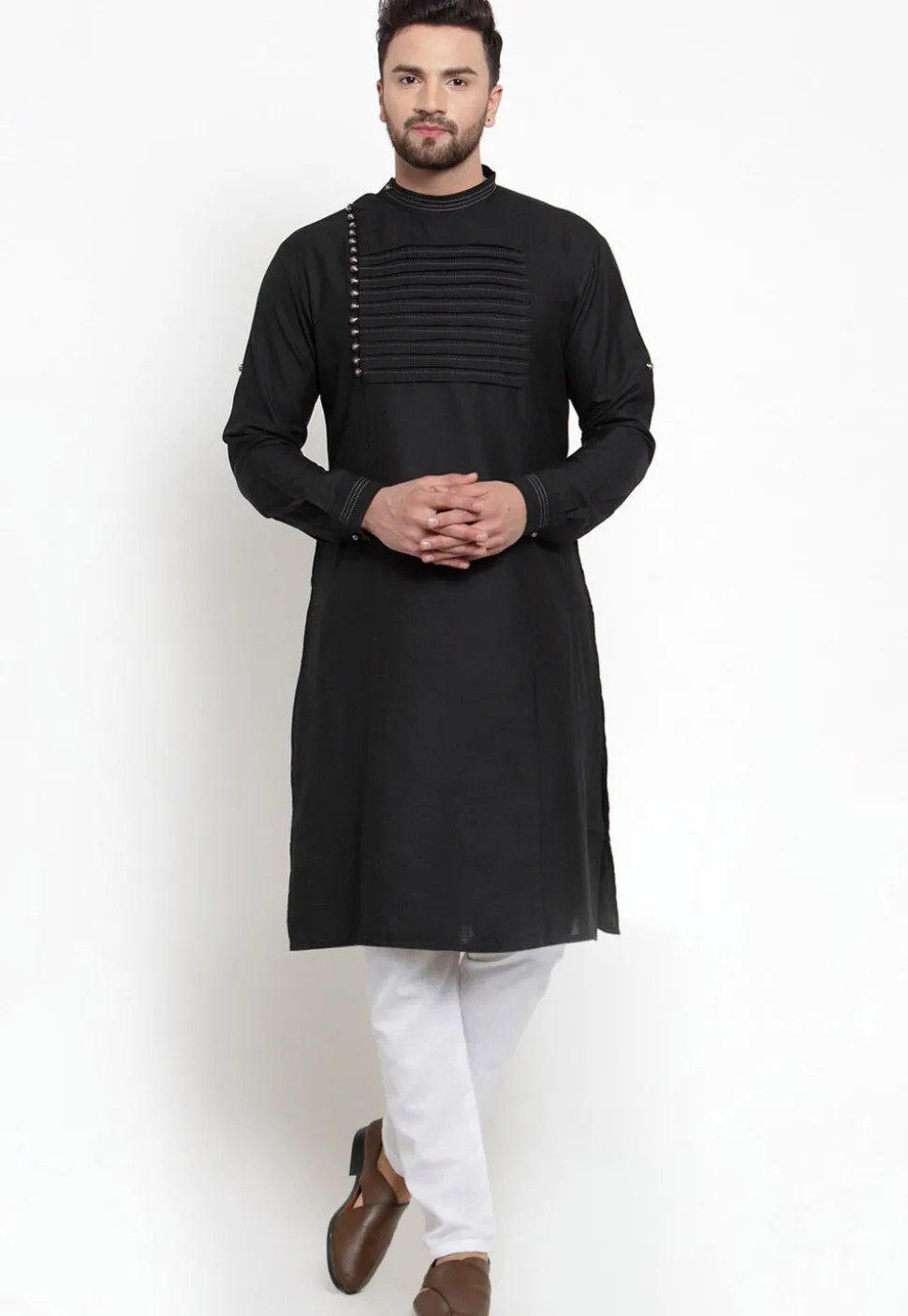 Pintucked Cotton Kurta Set in Black