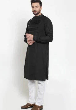 Pintucked Cotton Kurta Set in Black