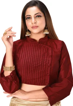 Pintucked Cotton Silk Blouse in Maroon