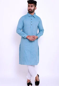 Pintucked Linen Cotton Kurta in Sky Blue