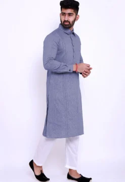 Pintucked Linen Cotton Kurta Set in Indigo Blue