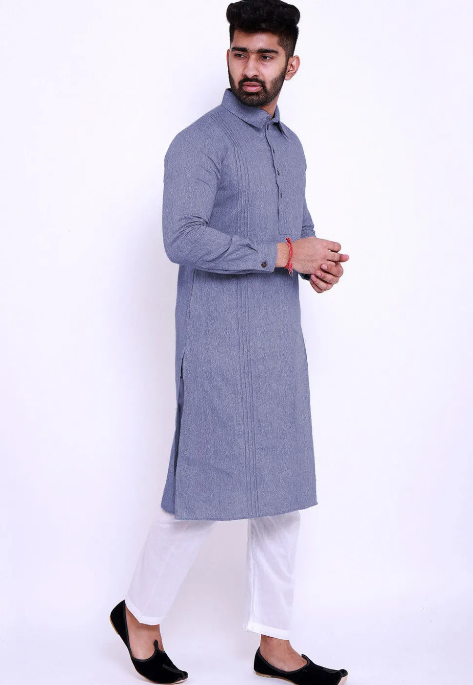 Pintucked Linen Cotton Kurta Set in Indigo Blue
