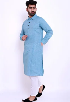 Pintucked Linen Cotton Kurta Set in Sky Blue