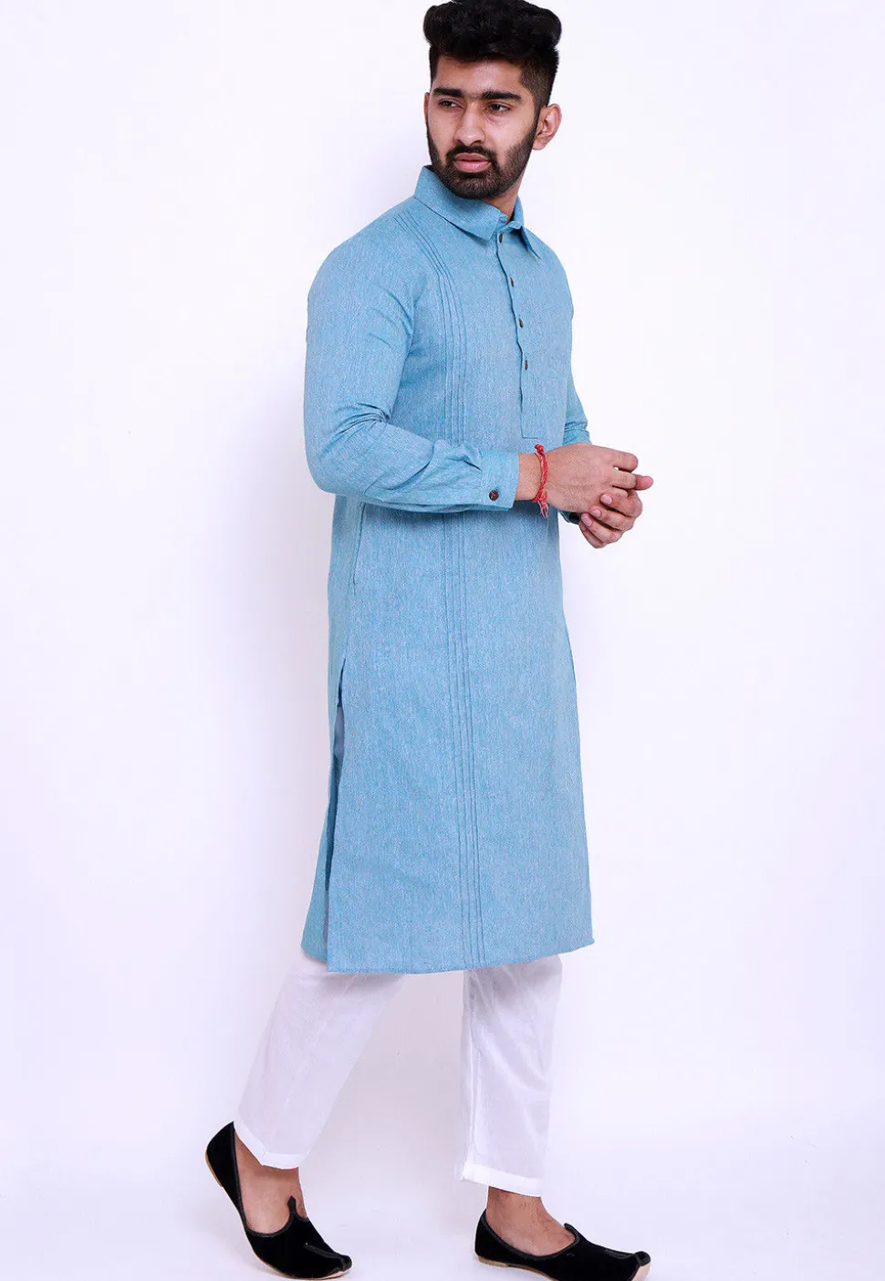 Pintucked Linen Cotton Kurta Set in Sky Blue