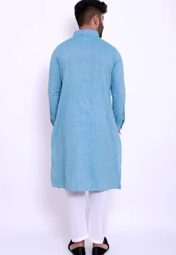 Pintucked Linen Cotton Kurta Set in Sky Blue