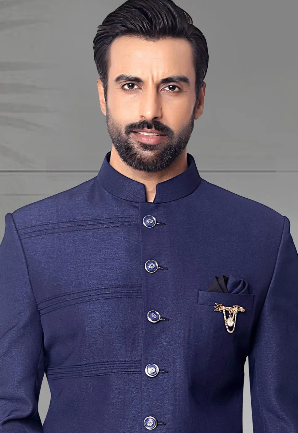 Pintucked Terry Rayon Jodhpuri Suit in Navy Blue