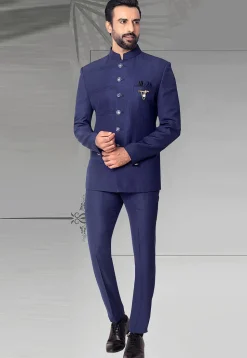Pintucked Terry Rayon Jodhpuri Suit in Navy Blue