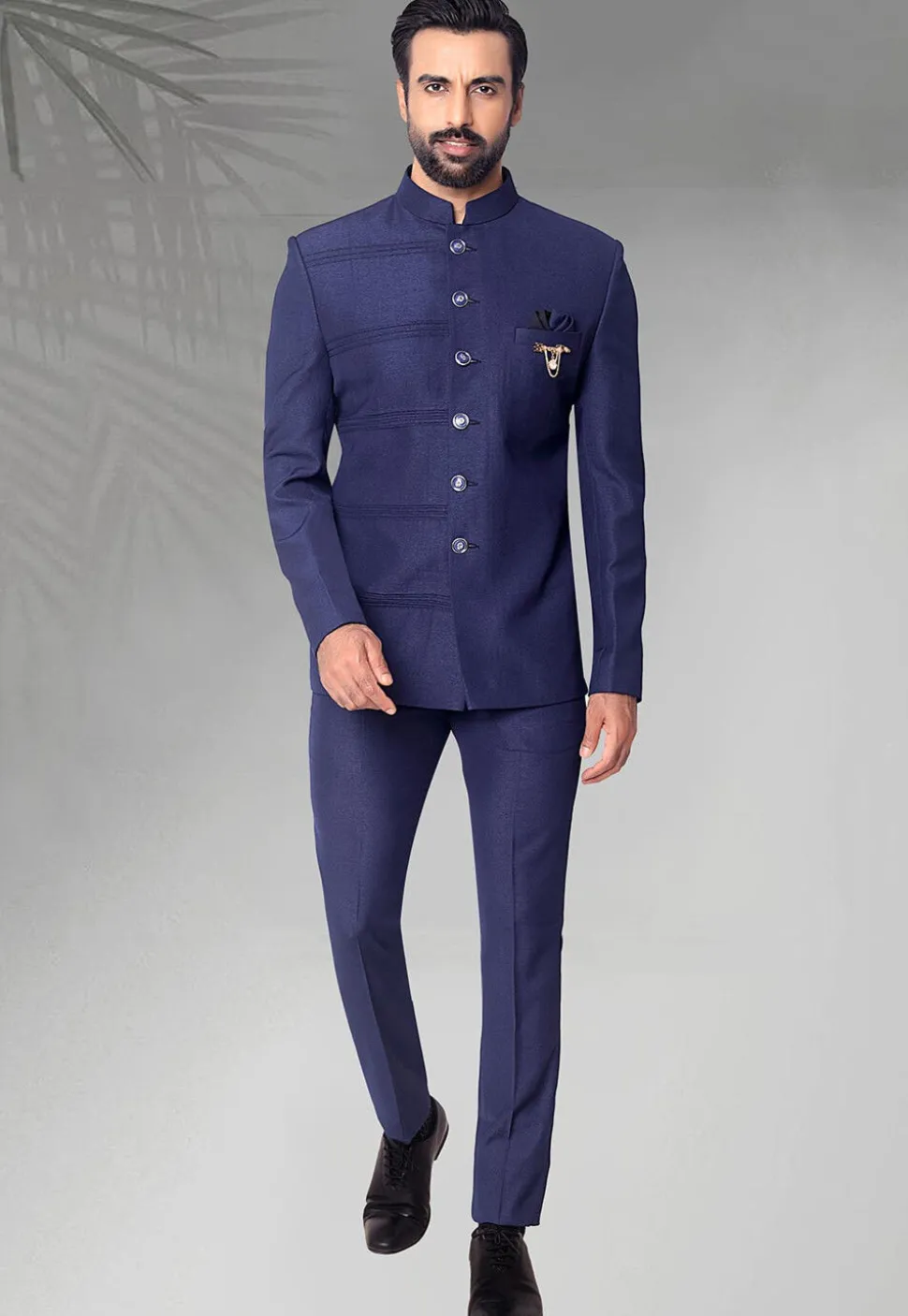 Pintucked Terry Rayon Jodhpuri Jacket in Navy Blue