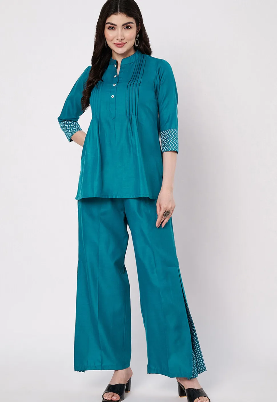 Pintucks Cotton Co Ord Set in Teal Blue