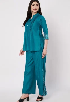 Pintucks Cotton Co Ord Set in Teal Blue