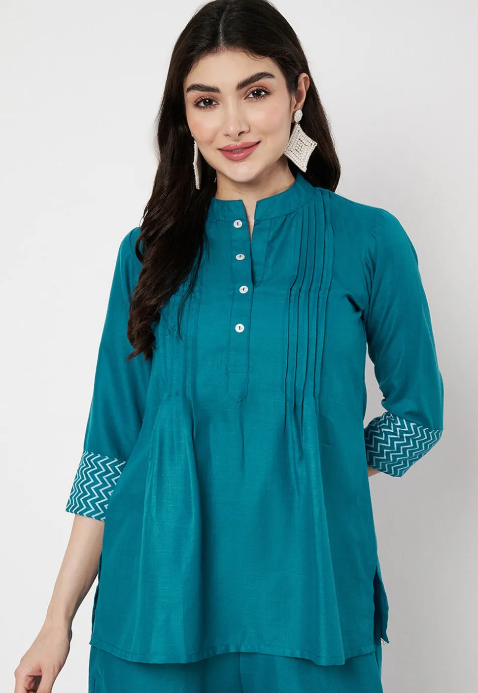 Pintucks Cotton Top in Teal Blue