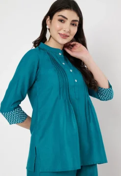 Pintucks Cotton Top in Teal Blue