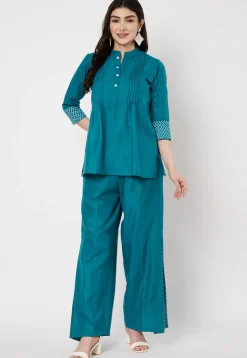 Pintucks Cotton Top in Teal Blue