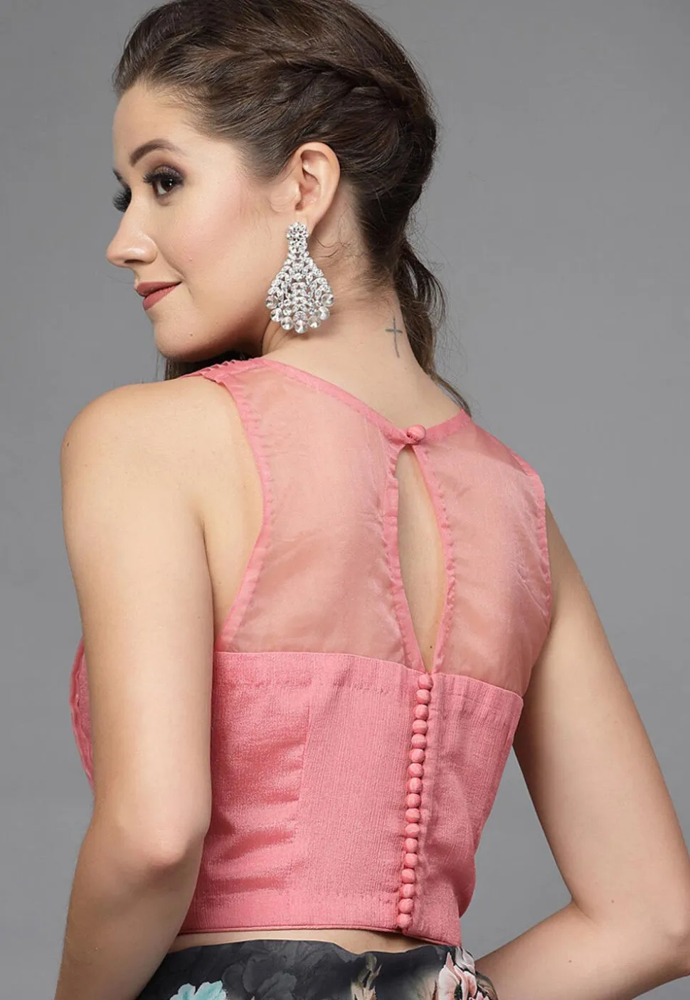Pintucks Organza Back Cut Out Blouse in Pink