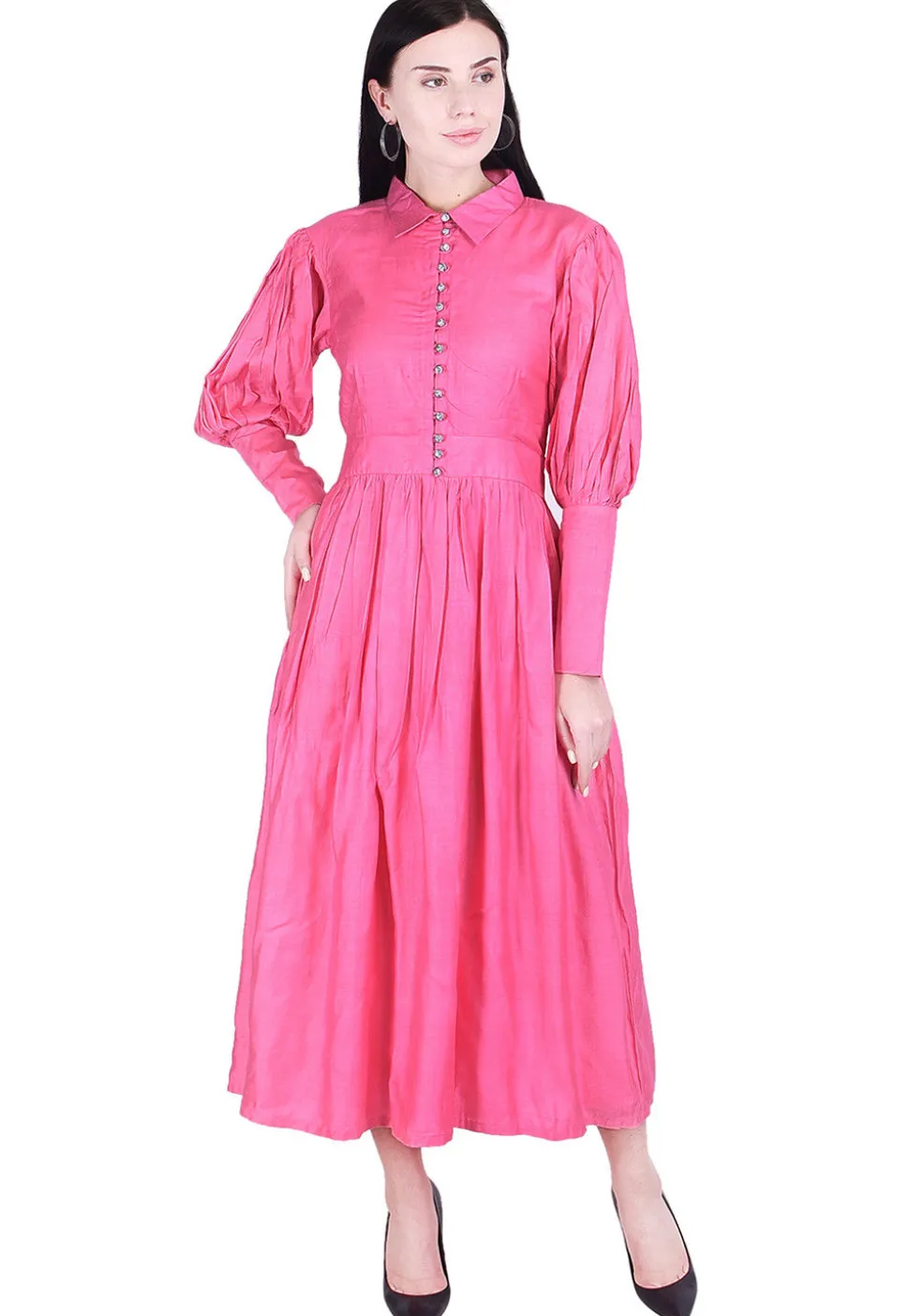 Plain Art Silk A Line Dress in Pink