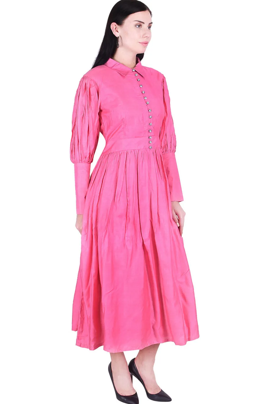 Plain Art Silk A Line Dress in Pink