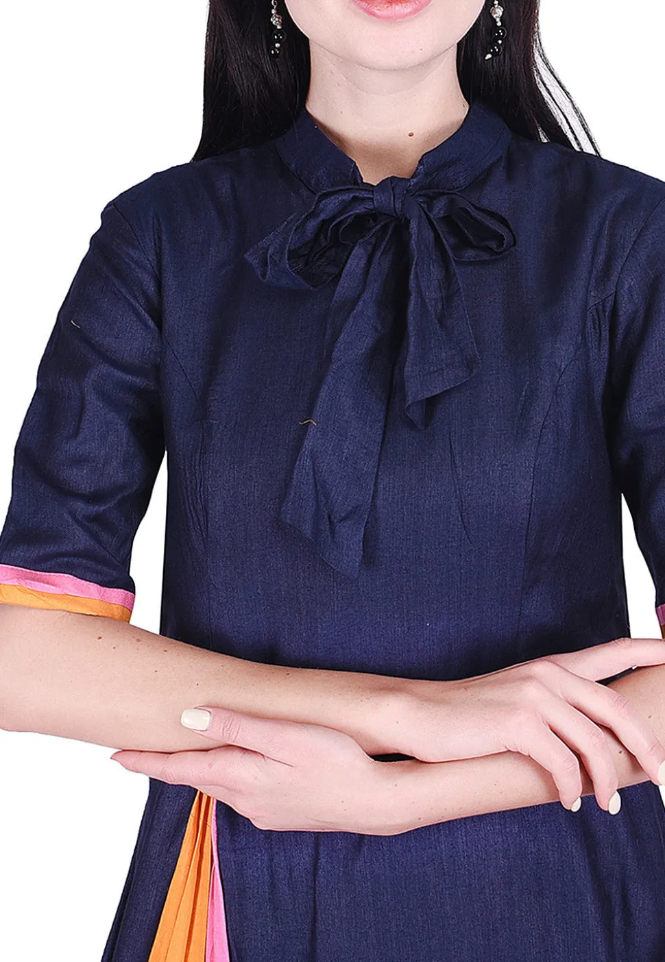Plain Art Silk A Line Dress in Navy Blue