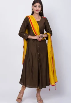 Plain Art Silk A Line Suit in Dark Brown