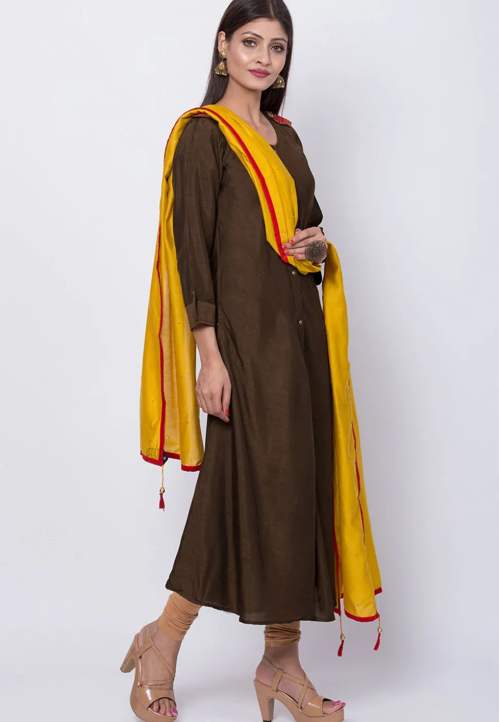Plain Art Silk A Line Suit in Dark Brown