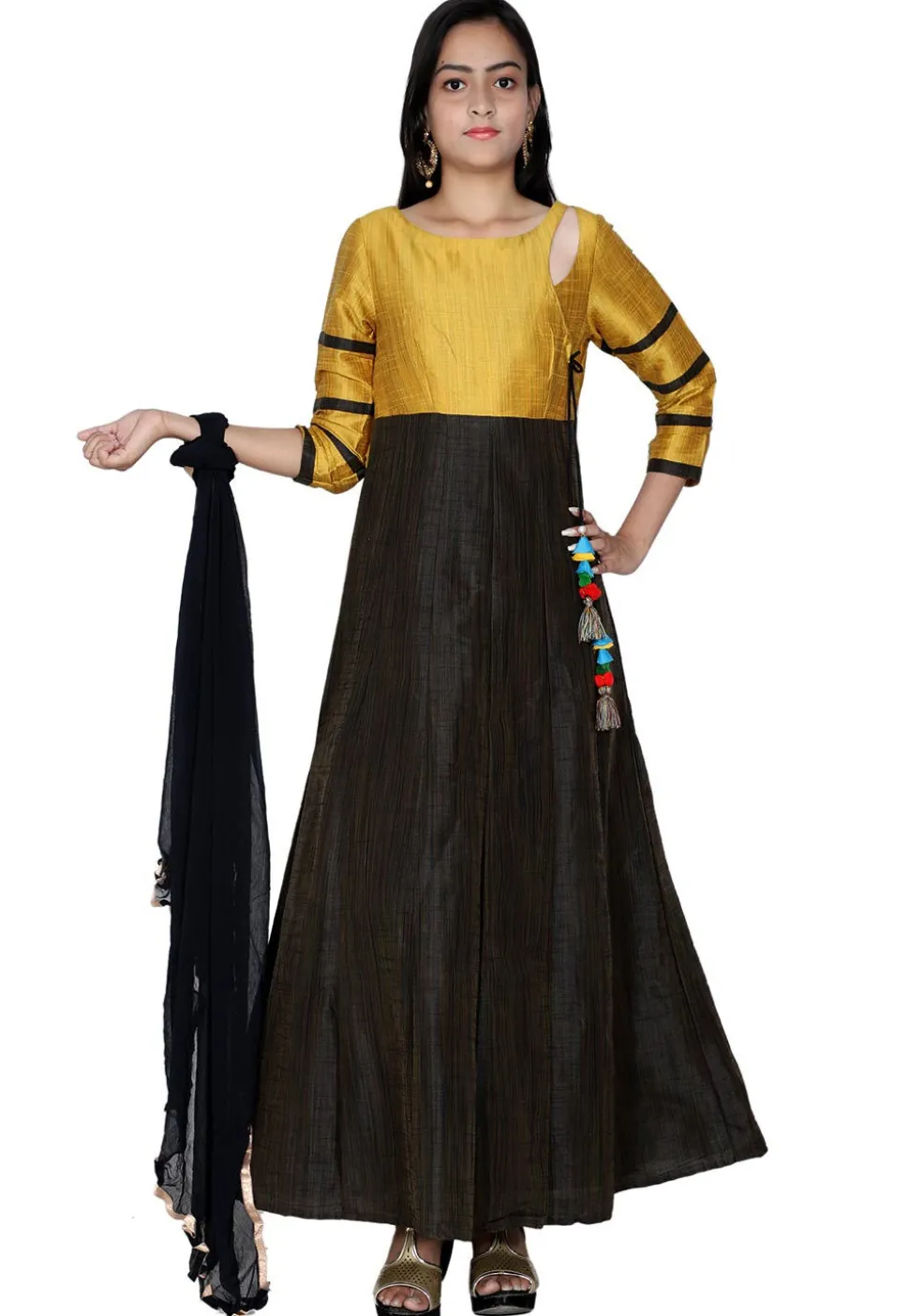 Plain Art Silk Abaya Style Suit in Black and Mustard