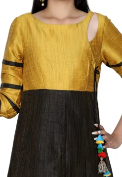 Plain Art Silk Abaya Style Suit in Black and Mustard