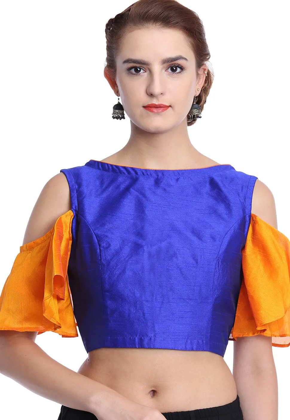 Plain Art Silk Blouse in Royal Blue and Orange