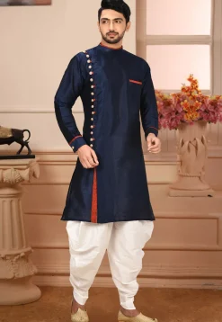 Plain Art Silk Dhoti Kurta in Navy Blue