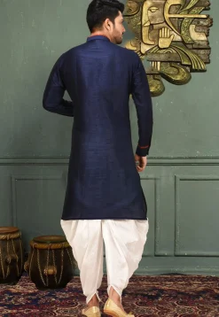 Plain Art Silk Dhoti Kurta in Navy Blue