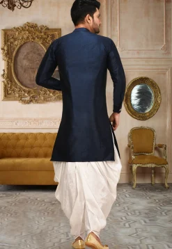 Plain Art Silk Dhoti Kurta in Navy Blue