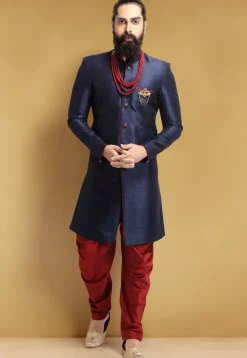 Plain Art Silk Dhoti Sherwani in Navy Blue