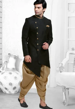 Plain Art Silk Dhoti Sherwani in Black