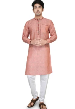 Plain Art Silk Jacquard Kurta Set in Peach