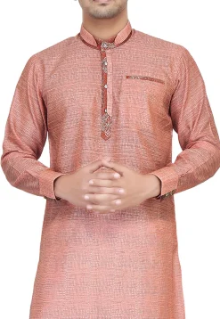 Plain Art Silk Jacquard Kurta Set in Peach