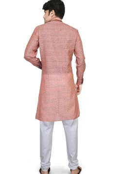Plain Art Silk Jacquard Kurta Set in Peach