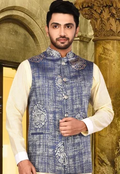 Plain Art Silk Jacquard Nehru Jacket in Light Blue