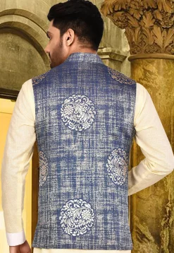 Plain Art Silk Jacquard Nehru Jacket in Light Blue