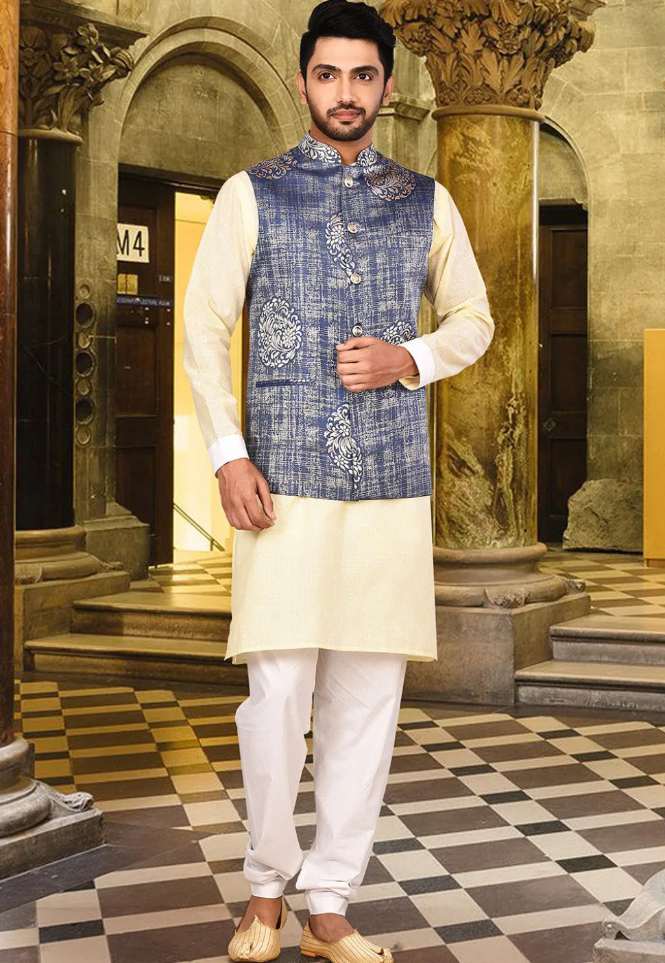 Plain Art Silk Jacquard Nehru Jacket in Light Blue