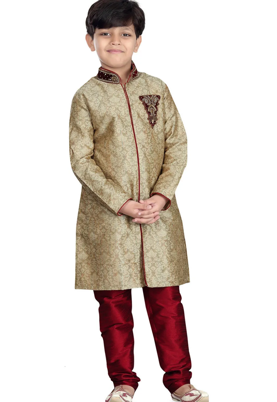 Plain Art Silk Jacquard Sherwani in Beige